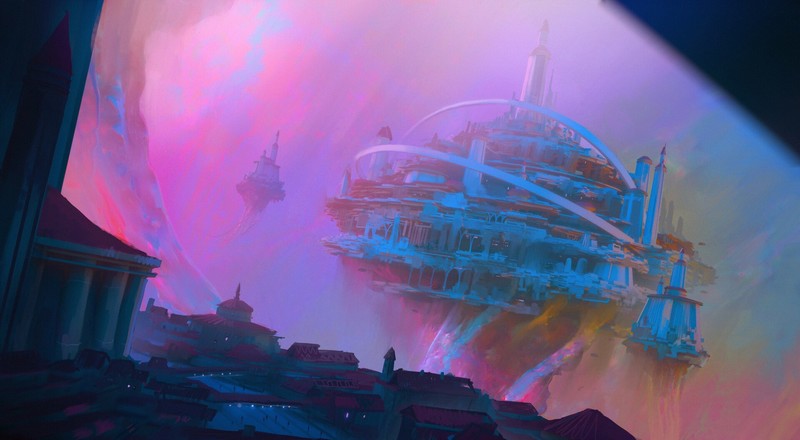 city, fantasy art, Medusa, colorful, artwork, pink, purple