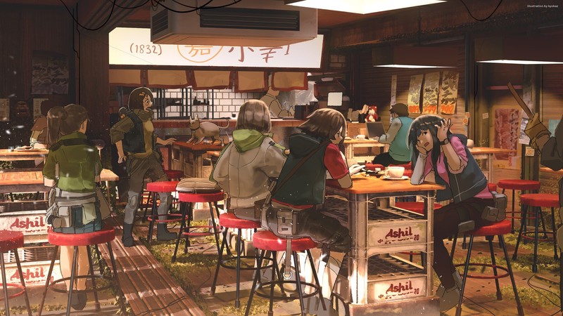 anime, anime girls, cats, food, restaurant, indoors