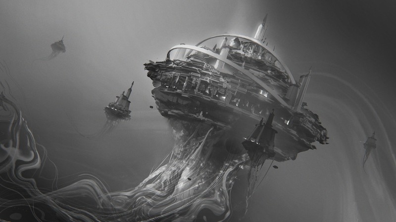 fantasy art, artwork, digital, monochrome, futuristic, brush