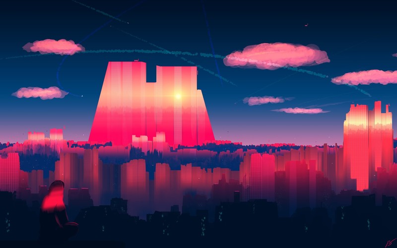 digital art, cityscape, artwork, sky, clouds, JoeyJazz