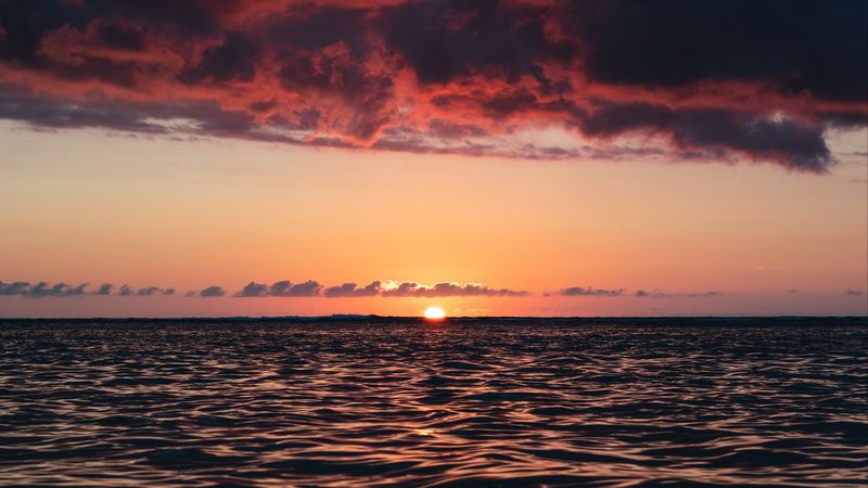 horizon, sunset, sea, waves, sky, clouds, dark, island, reunion, france, 4k