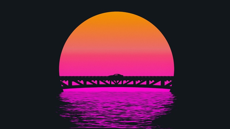 artwork, digital art, bridge, Sun, water, car, synthwave
