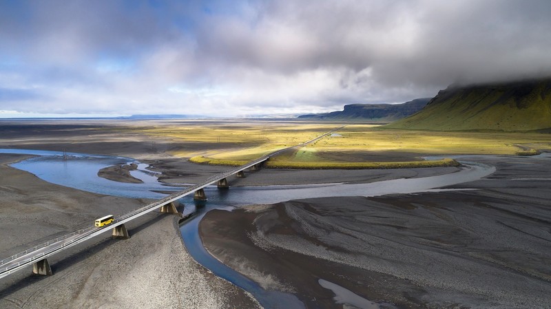 road, landscape, clouds, sky, buses, aerial view