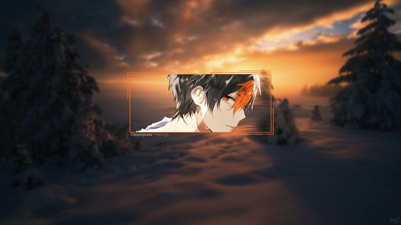 anime boys, picture-in-picture, sun bathing, Orange Caramel, landscape, orange eyes