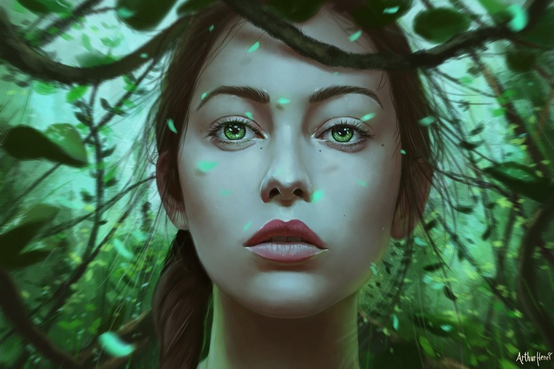 women, face, portrait, plants, artwork, green eyes, arthurhenrique