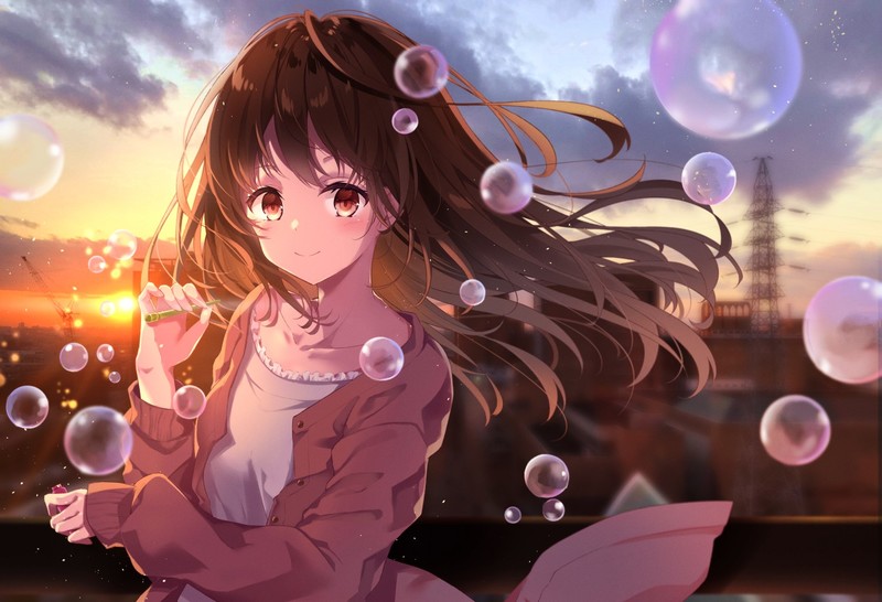 anime, anime girls, original characters, sunset, bubbles
