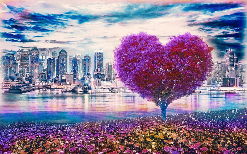 tree bark, Heart (Design), digital art, cityscape, city