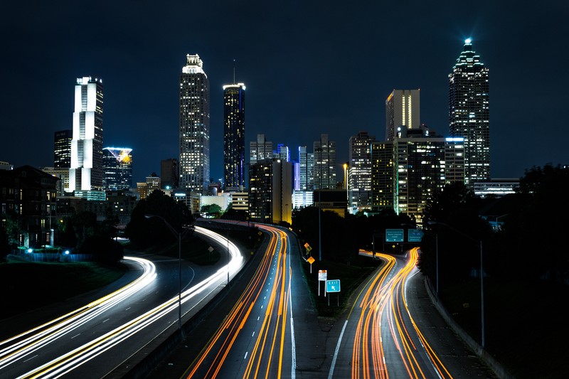 Jackson, Atlanta, USA, city, night, night sky, architecture, building, lights, traffic lights, urban, city lights, skyscraper, cityscape, road, street, highway, long exposure, Freeway, motion blur, light trails, photography, downtown, traffic, street light