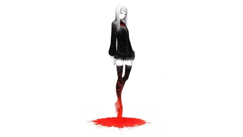 anime girls, simple background, original characters, thigh-highs, dress, long hair, white hair, drawing