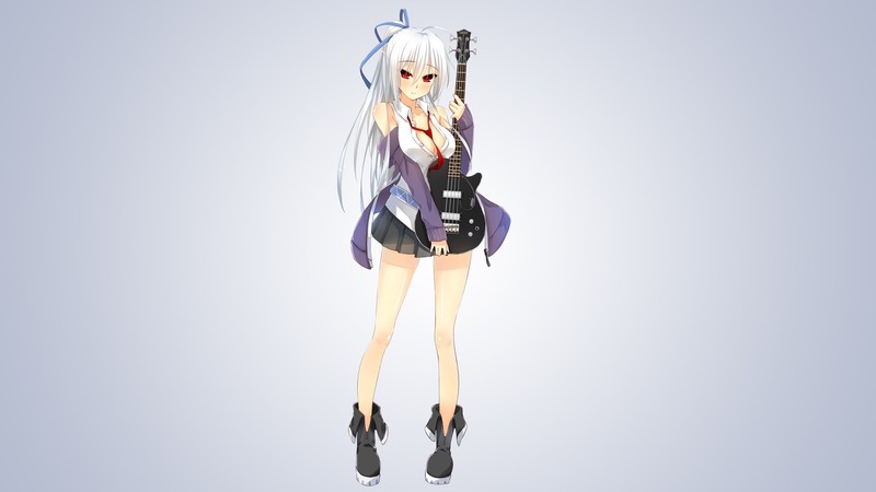 anime girls, simple background, original characters, shirt, jacket, guitar, cleavage, long hair, skirt, white hair, red eyes, bass guitars, tie, ponytail, hair ribbon
