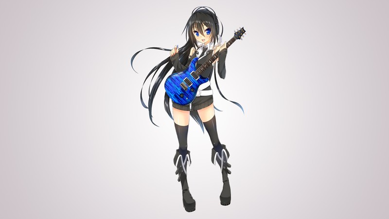 anime girls, simple background, original characters, thigh-highs, shirt, dress, guitar, long hair, black hair, blue eyes, headphones, boots