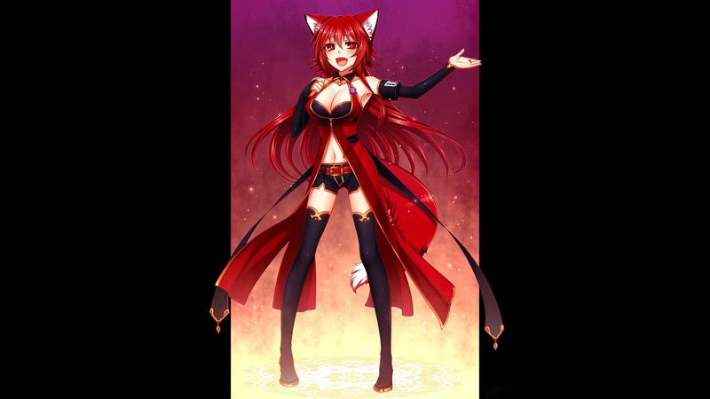 anime girls, simple background, original characters, thigh-highs, dress, cleavage, navels, long hair, redhead, nekomimi, animal ears, shorts, detached sleeves, tail