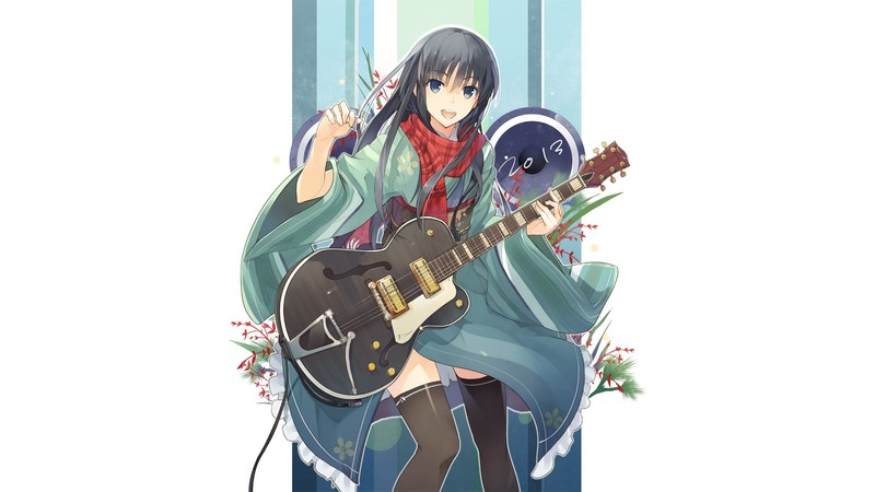 anime girls, simple background, original characters, thigh-highs, guitar, long hair, black hair, blue eyes, Japanese clothes, traditional clothing, scarf, flowers