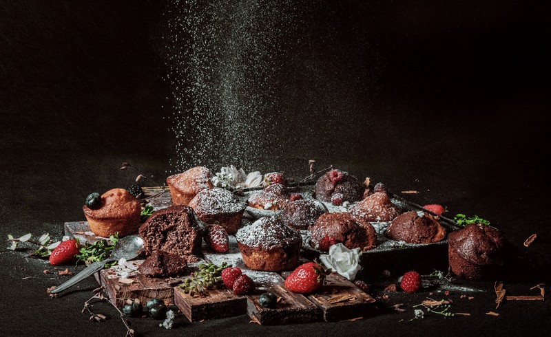 food, sweets, simple background, fruit, brownie, cutting board, sugar, muffins, berries