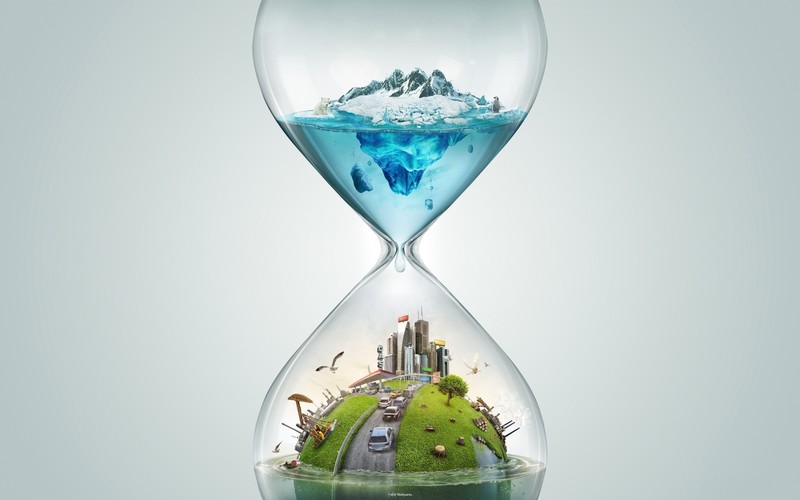 hourglasses, digital art, nature, simple background, city, iceberg, cyan, global warming, politics, oil pump, prophet, fortune telling
