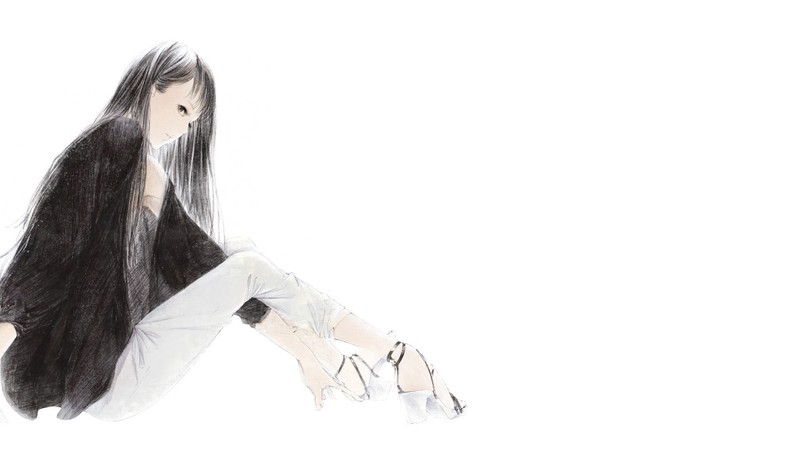 anime girls, simple background, original characters, pants, jacket, long hair, black hair, gray eyes, sitting, drawing