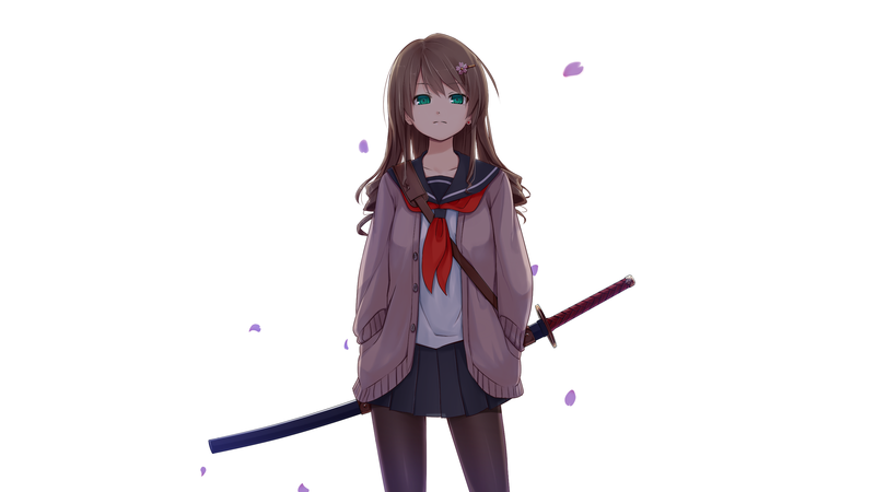 anime girls, simple background, original characters, pantyhose, jacket, shirt, weapon, sword, katana, long hair, skirt, brunette, green eyes, school uniform, tie, leaves, red tie