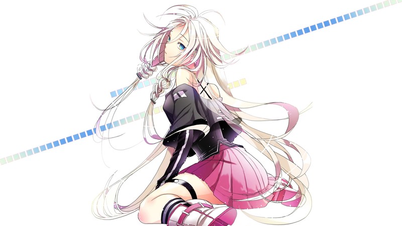 Vocaloid, IA (Vocaloid), anime girls, simple background, long hair, blue eyes, skirt, sitting, blonde, braids, shirt, boots, anime, miniskirt