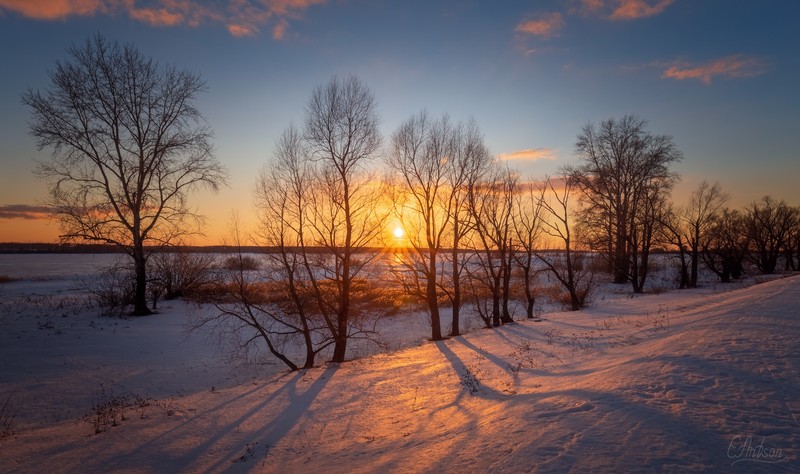 nature, sunset, Sun, sunlight, landscape, trees, snow, winter
