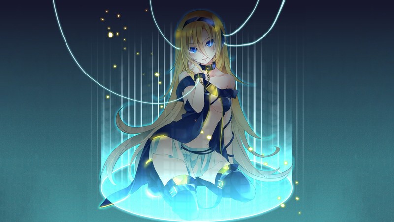 Vocaloid, Lily (Vocaloid), anime girls, long hair, blue eyes, skirt, sitting, blonde, thigh-highs, headphones, collar, chains, anime, cyan