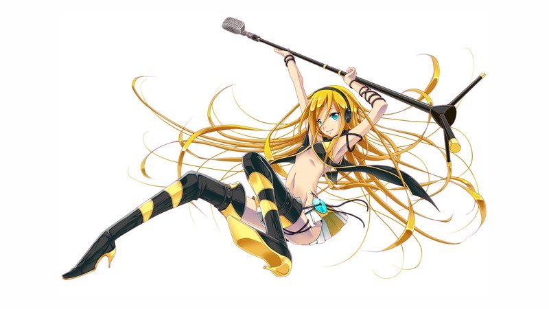 Vocaloid, Lily (Vocaloid), anime girls, simple background, long hair, blue eyes, skirt, blonde, thigh-highs, headphones, navels, microphone