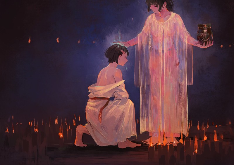 Pixiv Fantasia, anime girls, black hair, short hair, jars, white clothing, barefoot, bare shoulders, kneeling, dark background, candles, artwork, digital painting, illustration, drawing, 2D, digital art, RedAkanekoCat, fan art, see-through clothing