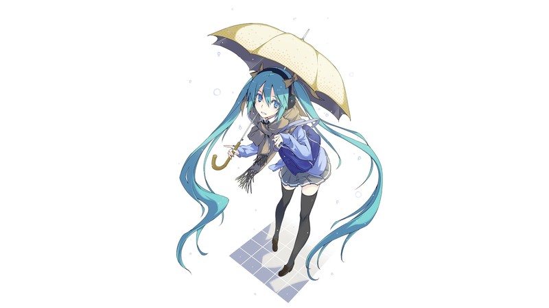 Vocaloid, Hatsune Miku, anime girls, blue hair, simple background, long hair, twintails, blue eyes, skirt, thigh-highs, zettai ryouiki, jacket, hair ribbon, umbrella, scarf, handbags, headphones, snowflakes