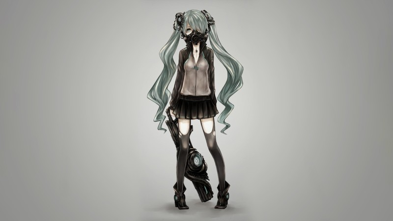 Vocaloid, Hatsune Miku, anime girls, green hair, simple background, long hair, twintails, green eyes, skirt, thigh-highs, zettai ryouiki, gas masks, weapon, gun, jacket