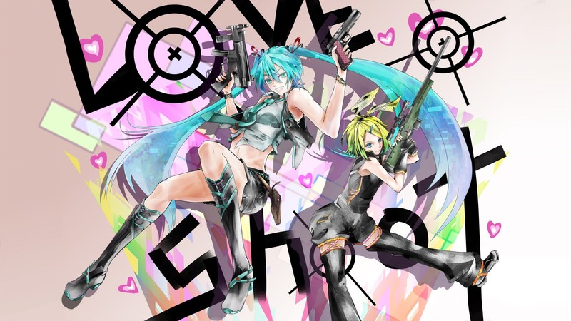 Vocaloid, Hatsune Miku, anime girls, Kagamine Rin, long hair, twintails, short hair, blonde, blue hair, blue eyes, shirt, skirt, tie, shorts, weapon, sniper rifle, gun, hair ribbon, boots, hair bows, pistol