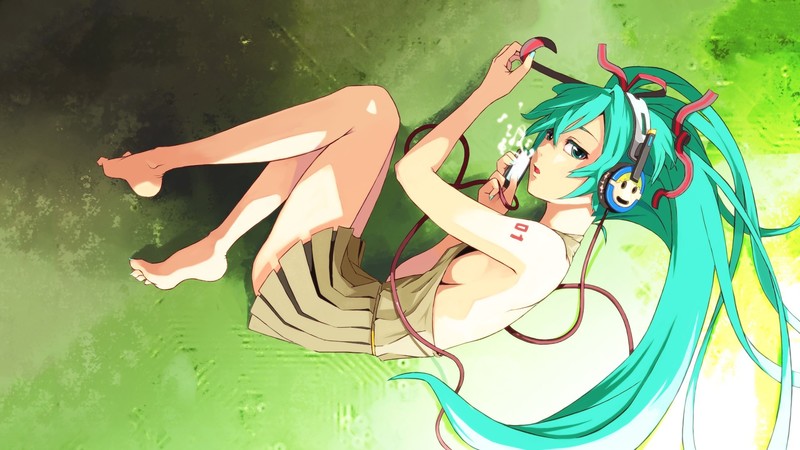 Vocaloid, Hatsune Miku, anime girls, long hair, twintails, green hair, green eyes, dress, lying down, music player, headphones, sideboob, hair ribbon