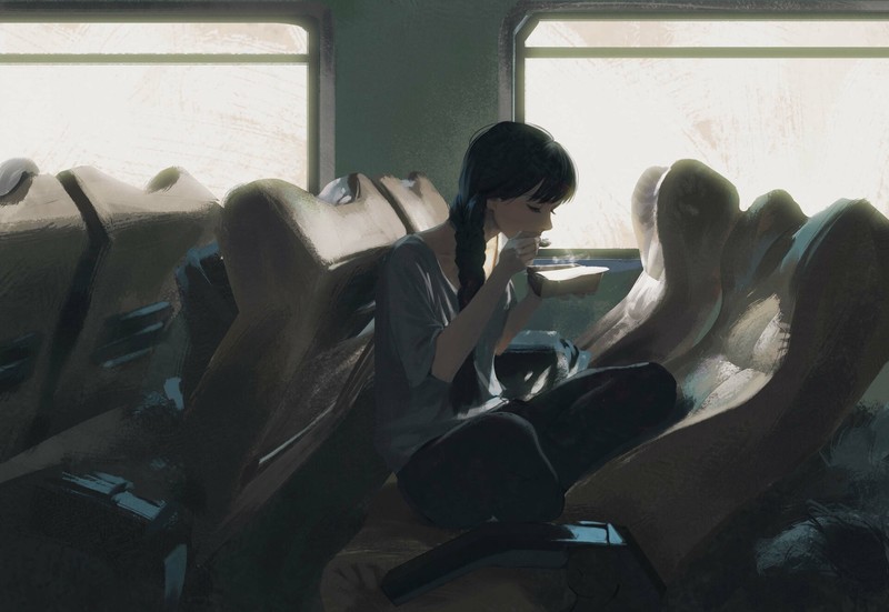 anime girls, Rui Li, train, anime, anime girls eating