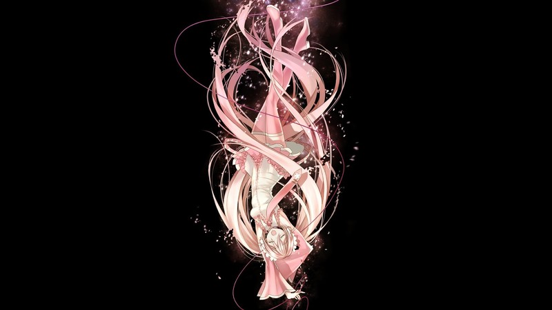 Vocaloid, Sakura Miku, anime girls, pink hair, simple background, long hair, twintails, shirt, skirt, tie, zettai ryouiki, falling, leaves, closed eyes, thigh high boots, detached sleeves