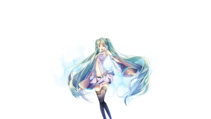 Vocaloid, Hatsune Miku, anime girls, blue hair, simple background, long hair, twintails, shirt, skirt, tie, thigh-highs, zettai ryouiki, closed eyes, navels, belt, detached sleeves