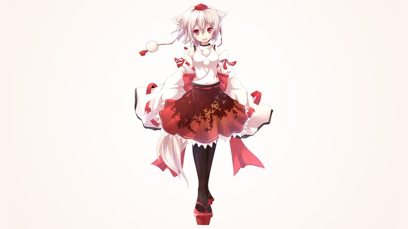 Touhou, Inubashiri Momiji, anime girls, simple background, Japanese clothes, traditional clothing, hat, inumimi, tail, animal ears, red eyes, white hair, short hair