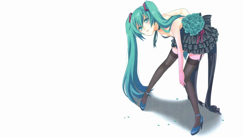 Vocaloid, Hatsune Miku, anime girls, simple background, long hair, twintails, green hair, green eyes, dress, thigh-highs, zettai ryouiki, cleavage, hair ribbon, flowers, collar