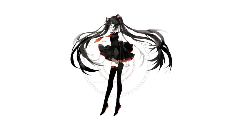Vocaloid, Zatsune Miku, anime girls, black hair, simple background, long hair, twintails, blue eyes, shirt, skirt, tie, zettai ryouiki, thigh high boots, detached sleeves, hair ribbon