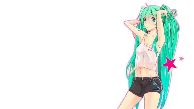 Vocaloid, Hatsune Miku, anime girls, simple background, green hair, long hair, twintails, shorts, navels, belt, ice cream