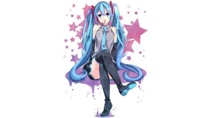 Vocaloid, Hatsune Miku, anime girls, simple background, blue hair, long hair, twintails, blue eyes, detached sleeves, shirt, skirt, zettai ryouiki, thigh high boots, tie, headphones