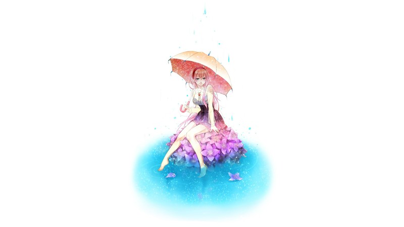 Vocaloid, Megurine Luka, anime girls, simple background, pink hair, long hair, blue eyes, dress, sitting, umbrella, flowers, water, cleavage