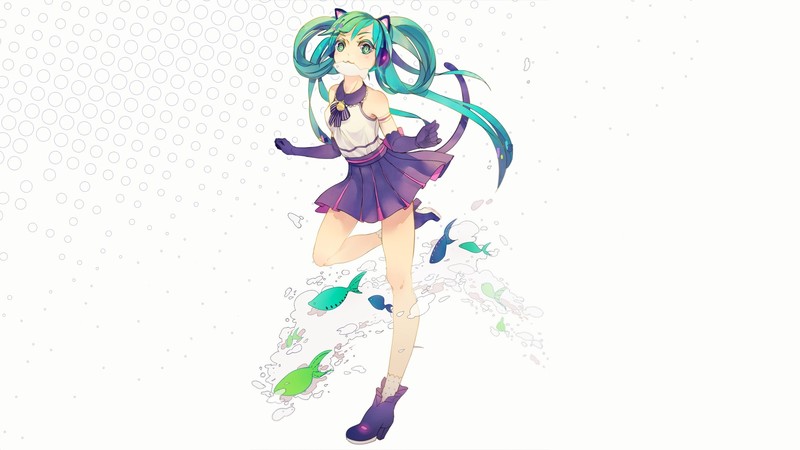 Hatsune Miku, anime girls, simple background, green hair, long hair, twintails, shirt, skirt, Vocaloid, fish, tail, nekomimi, animal ears, elbow gloves, headphones
