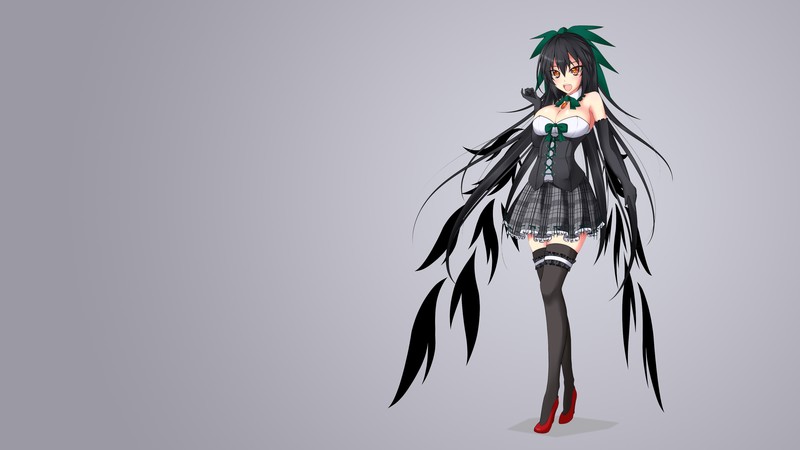 Touhou, anime girls, simple background, Reiuji Utsuho, long hair, wings, black hair, orange eyes, thigh-highs, skirt, shirt, hair bows, zettai ryouiki, cleavage, elbow gloves