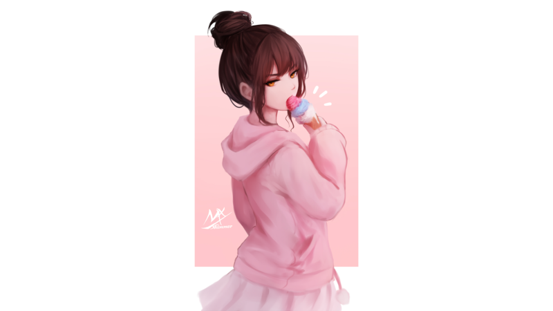 anime girls, original characters, anime, women, brunette, hairbun, orange eyes, anime girls eating, looking over shoulder, ice cream, sweatshirts, hoods, skirt, pink clothing, pink, rectangle, white background, simple background, minimalism, portrait, artwork, drawing, digital art, 2D, illustration, MX shimmer