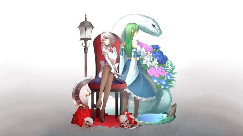 Touhou, anime girls, Kochiya Sanae, Izayoi Sakuya, weapon, knives, simple background, dress, short hair, long hair, sitting, snake, chair, clocks, skull, flowers, water, red eyes, green eyes, white hair, green hair, pantyhose