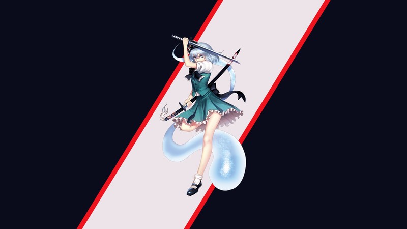 Touhou, anime girls, Konpaku Youmu, weapon, sword, ghost, simple background, dress, short hair, silver hair, blue eyes, hair bows
