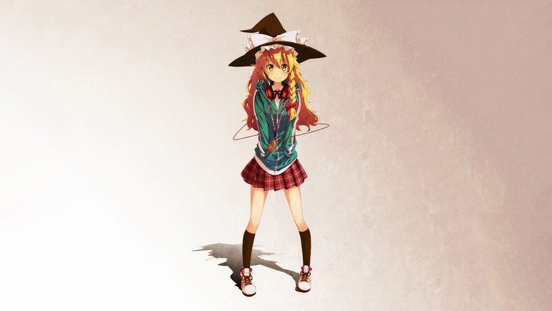 Touhou, anime girls, simple background, Kirisame Marisa, blonde, long hair, yellow eyes, witch, hat, witch hat, braids, skirt, jacket, headphones, music player