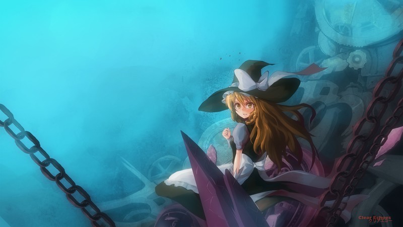 Touhou, anime girls, Kirisame Marisa, blonde, long hair, yellow eyes, witch, hat, witch hat, chains, dress, braids, sitting, cyan