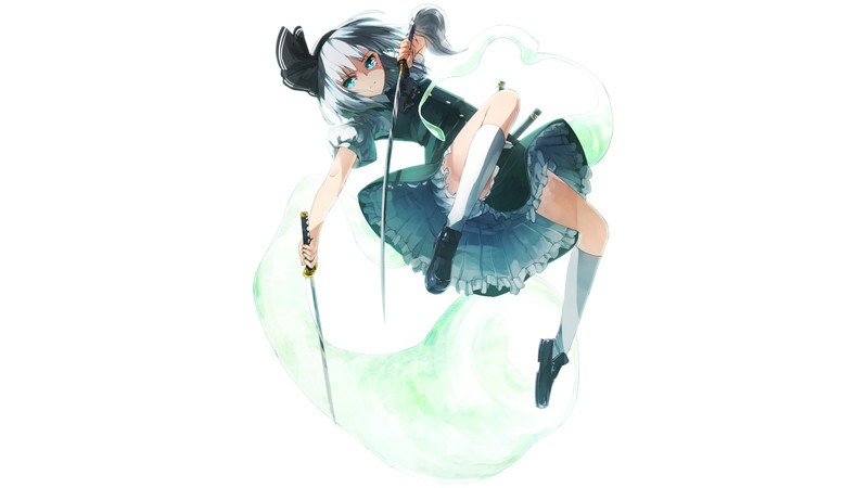 Touhou, anime girls, Konpaku Youmu, weapon, sword, ghost, simple background, dress, short hair, silver hair, blue eyes, hair bows, thigh-highs