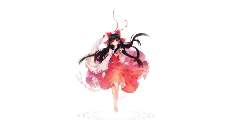 Touhou, anime girls, simple background, Hakurei Reimu, brunette, long hair, hair bows, brown eyes, miko, Japanese clothes, traditional clothing
