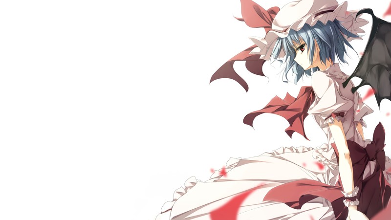 Touhou, anime girls, Remilia Scarlet, wings, hat, simple background, dress, short hair, blue hair, red eyes, vampires