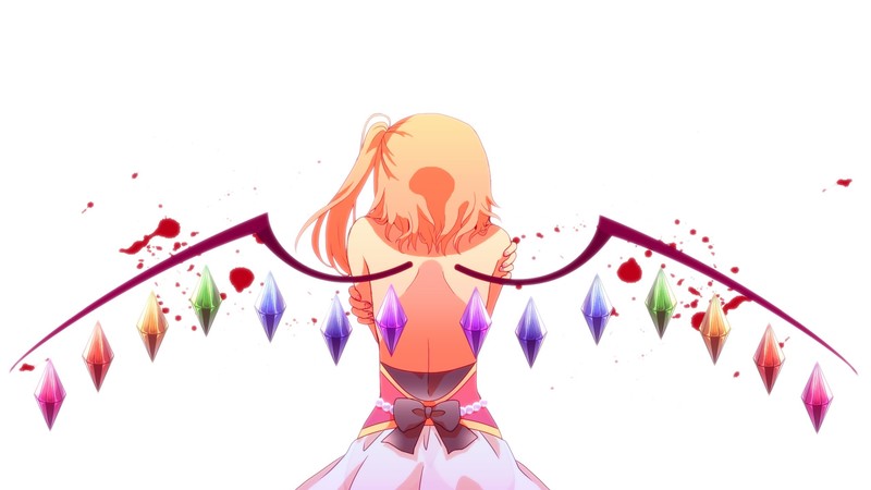 Touhou, anime girls, Flandre Scarlet, wings, simple background, dress, short hair, bareback, ponytail, blonde, vampires